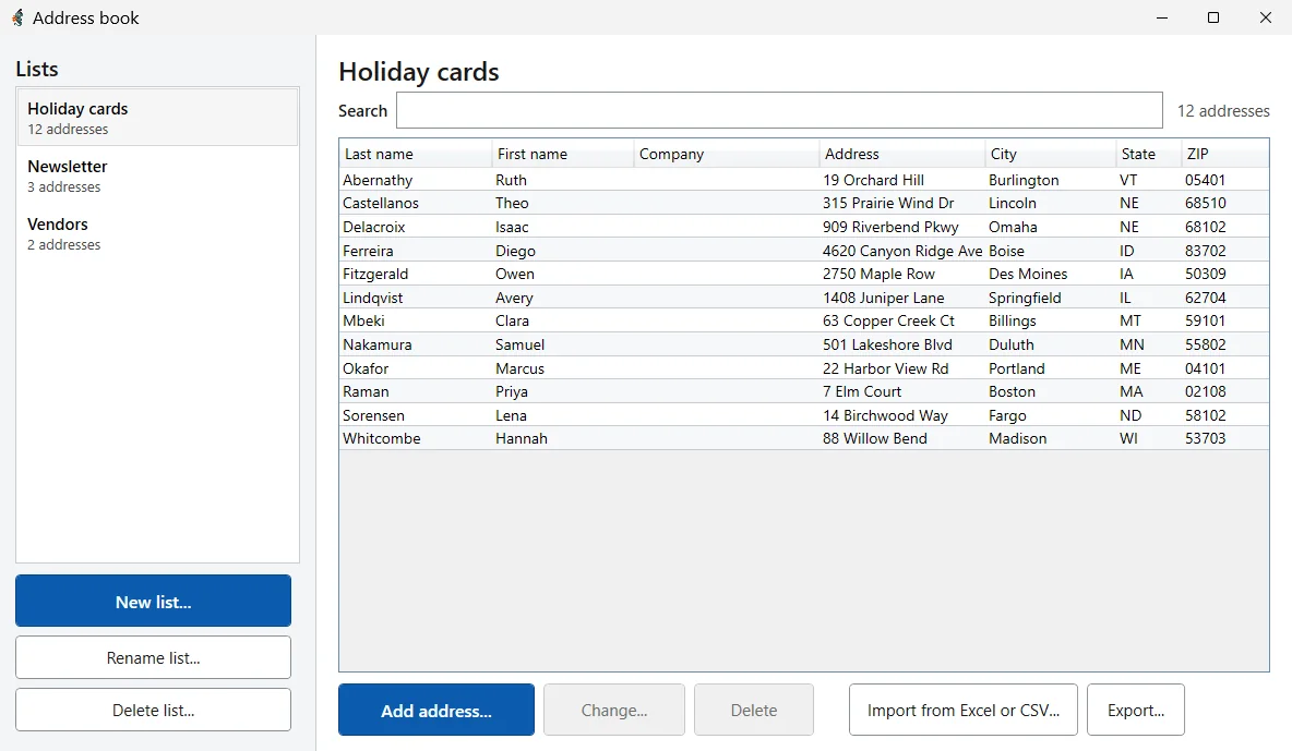 The FireDjinn address book with a holiday card list of twelve addresses