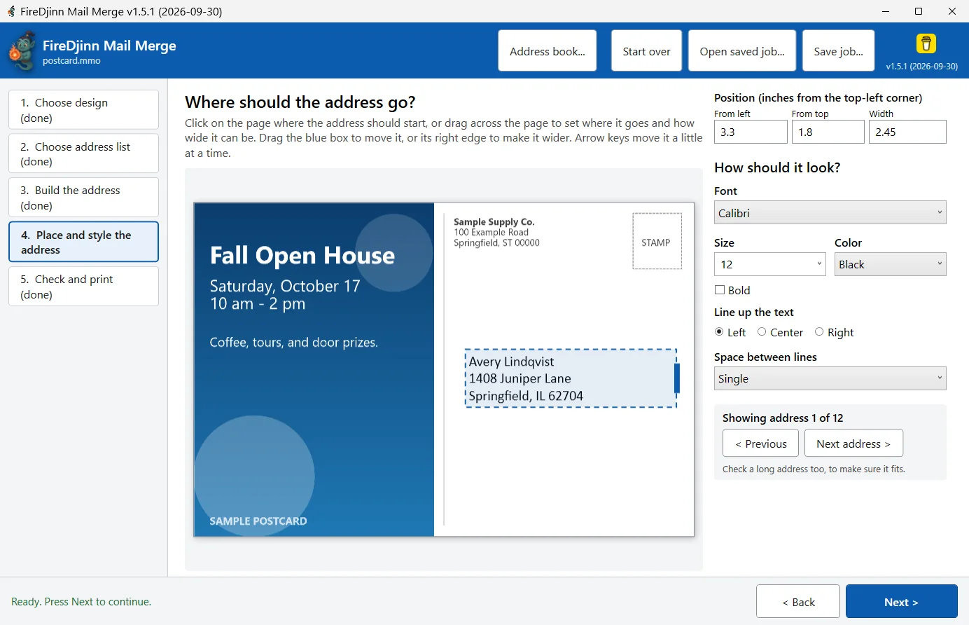 FireDjinn step 4: an address placed on the sample postcard, with font and size controls