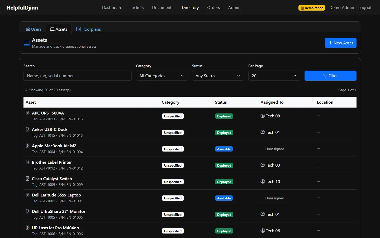 The asset list with tags, serial numbers, status, and who each item is assigned to