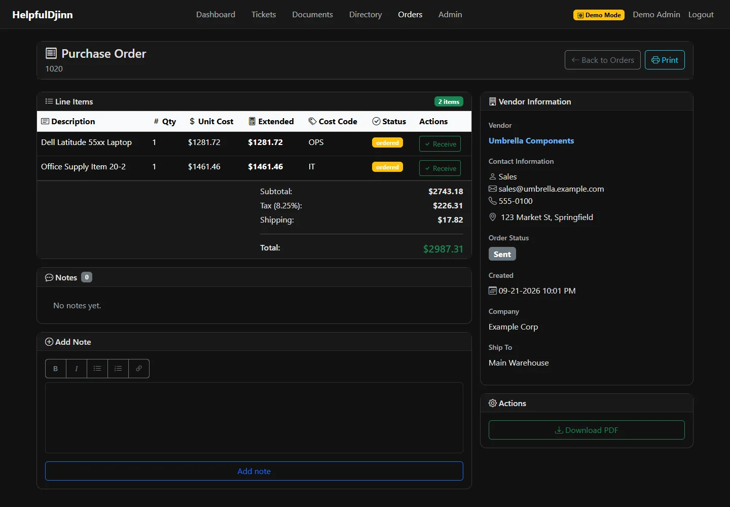 A purchase order with line items, totals, and vendor details