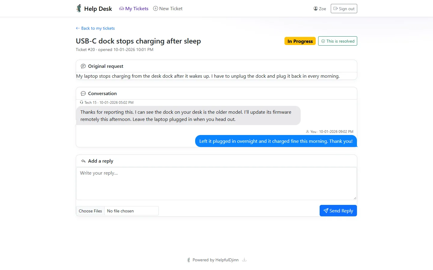 The client portal showing the same ticket as a conversation from the requester's side