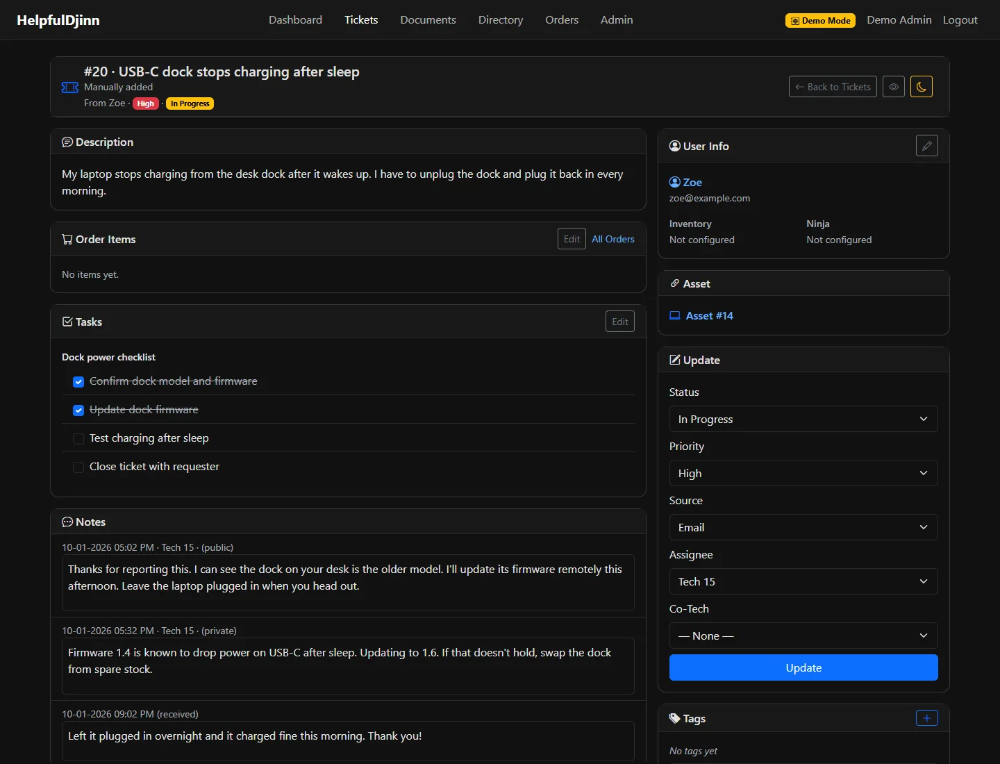 One ticket with a checklist, public and private notes, and the requester's reply