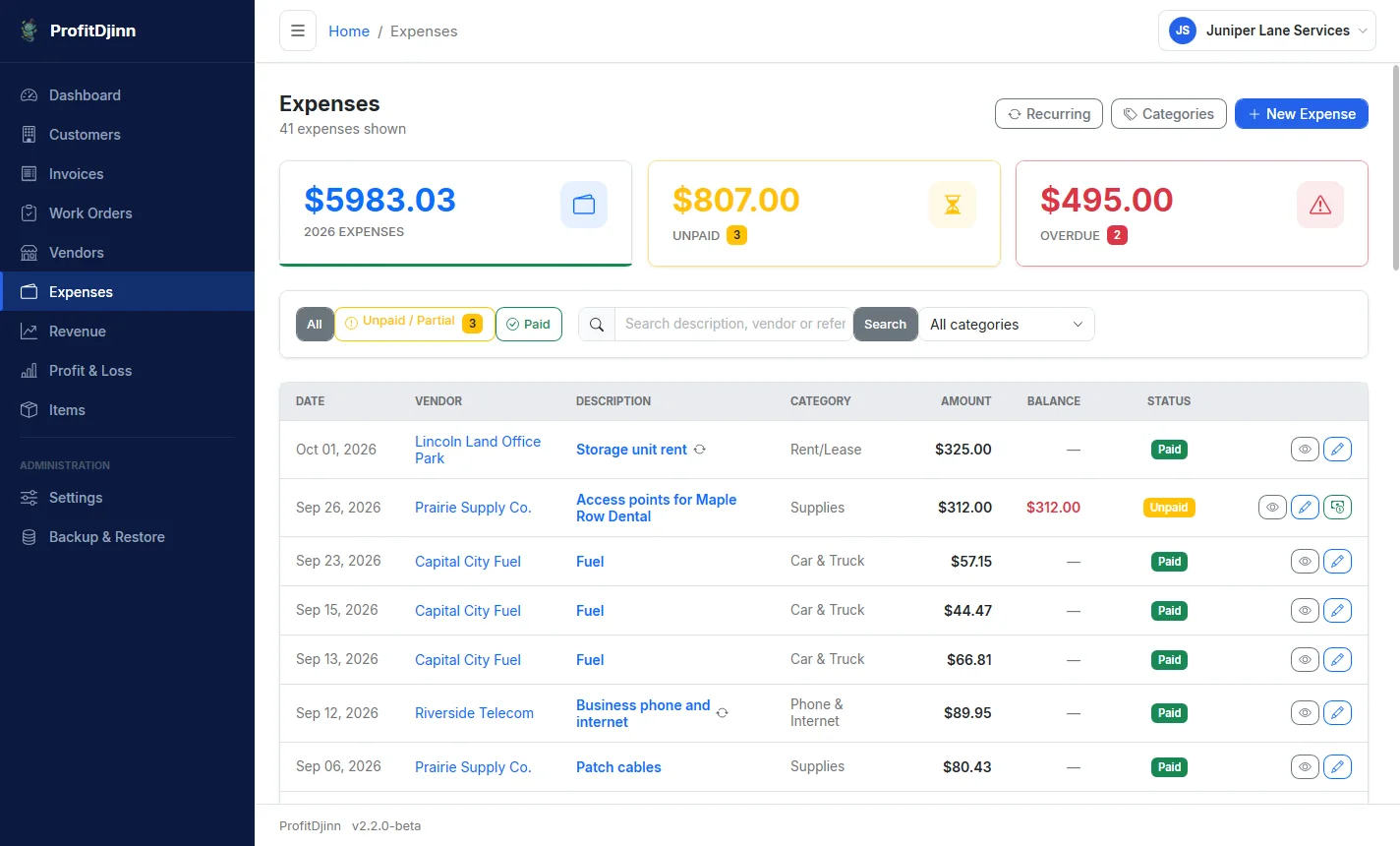 The expenses list with totals for the year, unpaid and overdue bills, and paid and unpaid rows