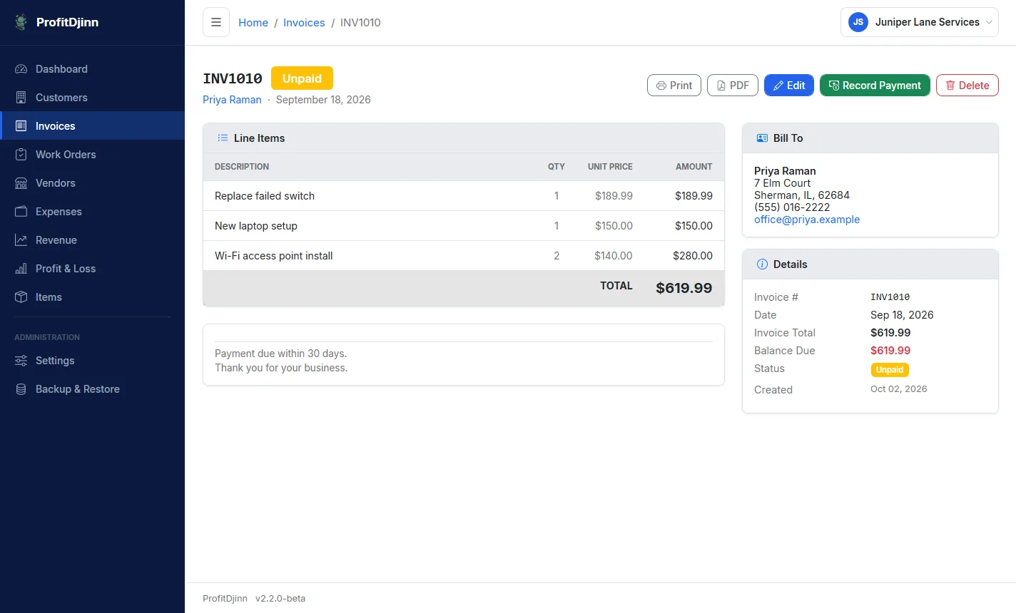 An invoice with three line items, the customer's address and an unpaid balance