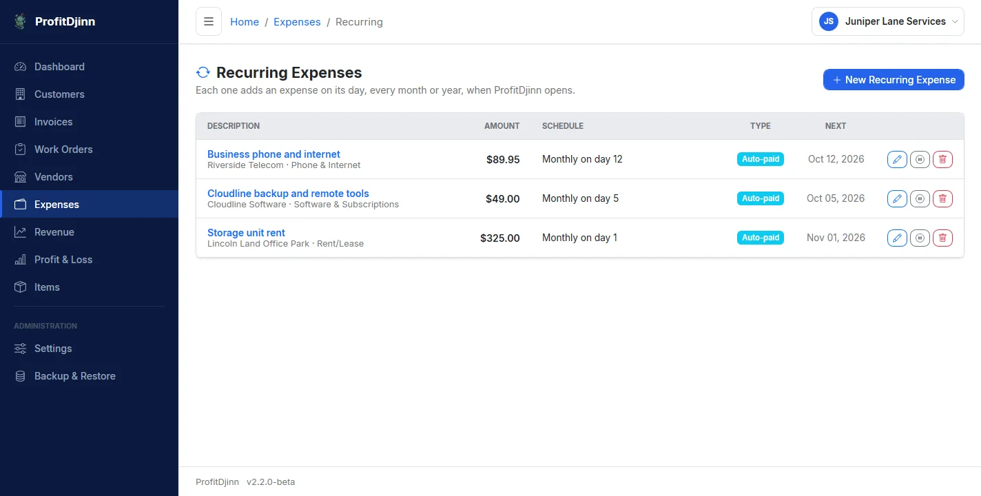 Three recurring monthly expenses with their next dates