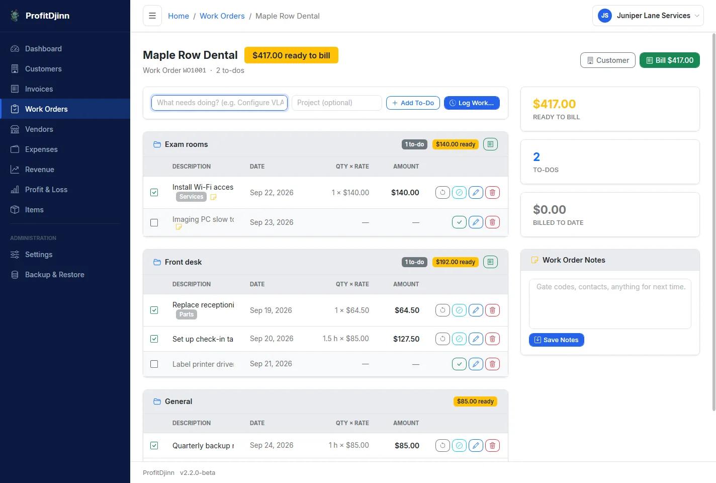 A customer's work order tab with lines grouped by project, completed and to-do